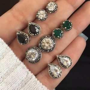 Geometric Stud Earrings Set Crystal Embellished